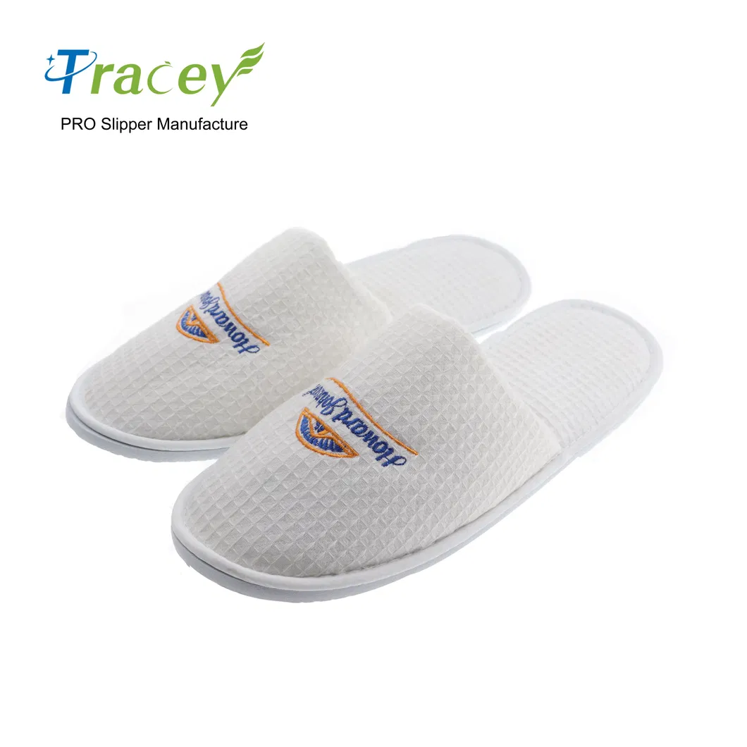 Custom Wholesale Luxury Bedroom Waffle Adult Travel Sizes Cotton Guest Disposable White Hotel Slippers with Logo