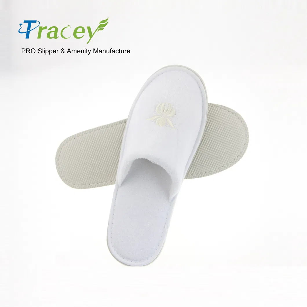 White Guest Bedroom Slippers Hotel Slippers Terry Velour EVA OEM Custom Logo Wholesale Disposable Slippers for SPA