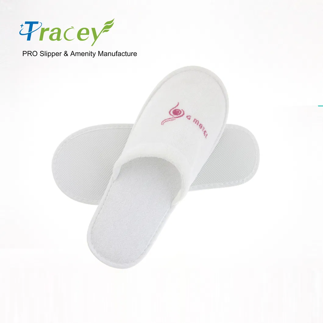 OEM Custom Logo Wholesale Cheap Disposable White Guest Bedroom Slippers for SPA Cotton Terry Velour EVA Sole Hotel Slippers