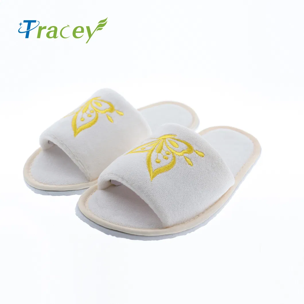 Factory Wholesale White/Black/Gray Amenities Cotton Slippers Hotel Room Luxury Disposable Open Toe Hotel Slipper