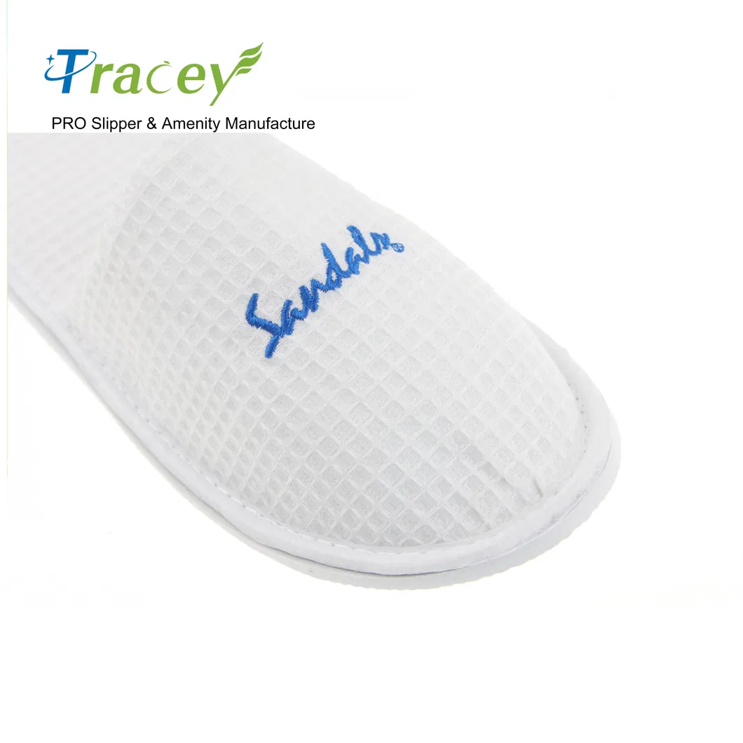 OEM Custom Logo Wholesale Cheap Disposable White Guest Bedroom Slippers for SPA Cotton Terry Velour EVA Sole Hotel Slippers