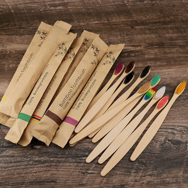 Bamboo Toothbrush with Eco-Friendly Paper Pack 100% Biodegradable with Rainbow Bristle Colorful Pack Wooded Toothbrush