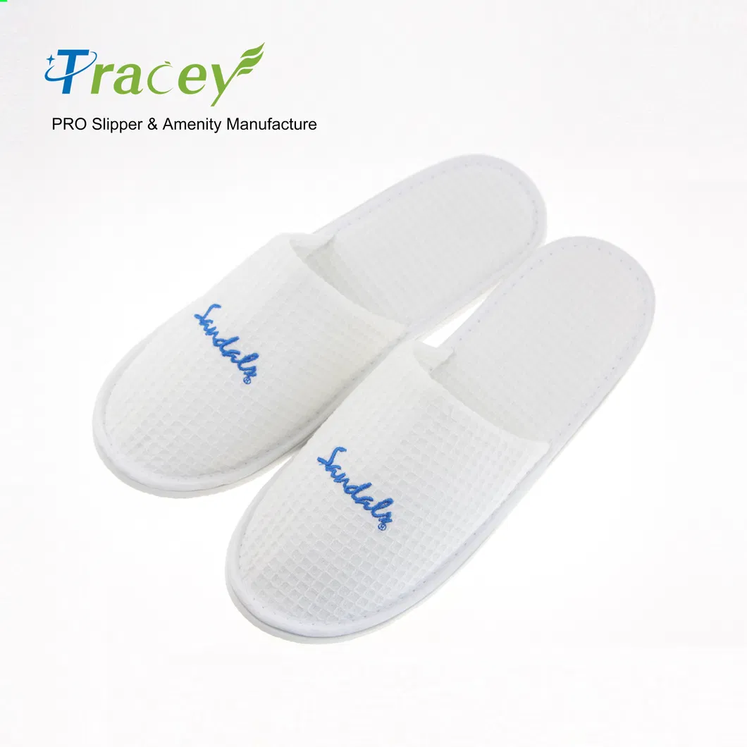 OEM Custom Logo Wholesale Cheap Disposable White Guest Bedroom Slippers for SPA Cotton Terry Velour EVA Sole Hotel Slippers