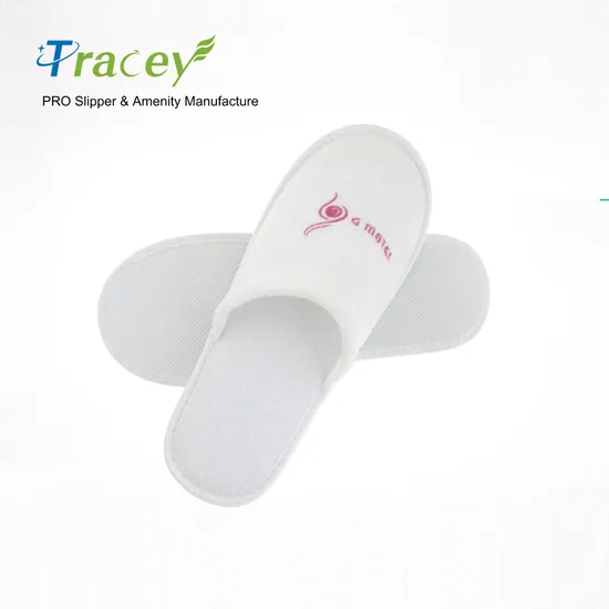 OEM Custom Logo Wholesale Cheap Disposable White Guest Bedroom Slippers for SPA Cotton Terry Velour EVA Sole Hotel Slippers