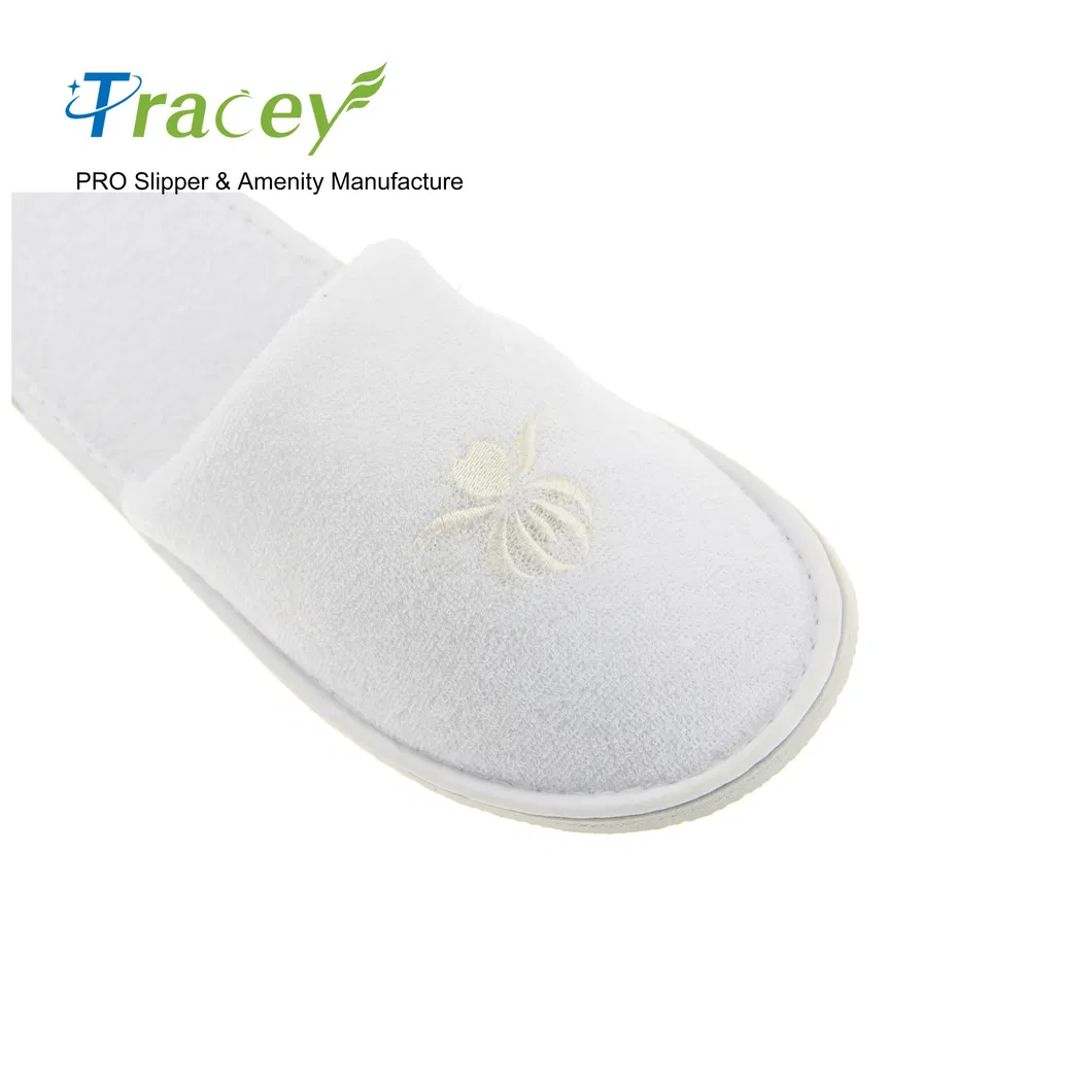 White Guest Bedroom Slippers Hotel Slippers Terry Velour EVA OEM Custom Logo Wholesale Disposable Slippers for SPA