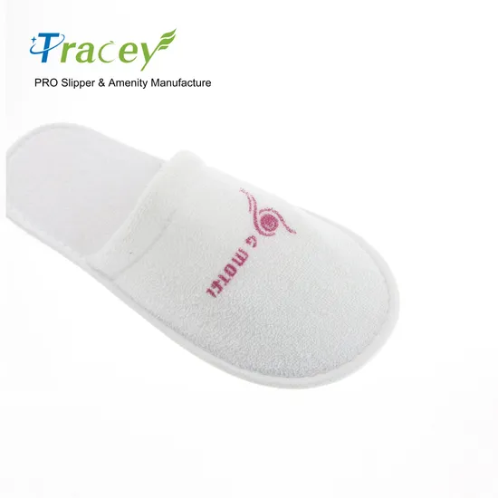 OEM Custom Logo Wholesale Cheap Disposable White Guest Bedroom Slippers for SPA Cotton Terry Velour EVA Sole Hotel Slippers